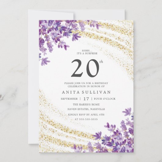Invitation Parties scintillant d'or Lavender Floral Vingt-dix (Devant)