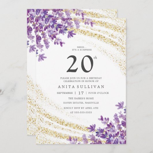 Invitation Parties scintillant d'or Lavender Floral Vingt-dix (Devant / Derrière)