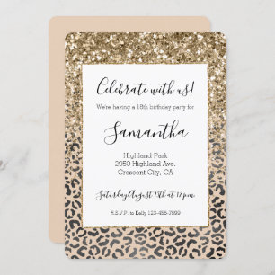 Invitation Parties scintillant d'or Leopard de crème noire