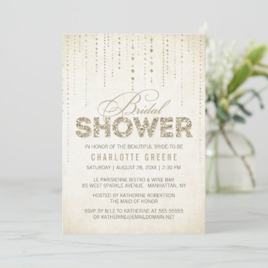 Invitation Parties scintillant d'or Look nuptiale douche Invi (Debout devant)