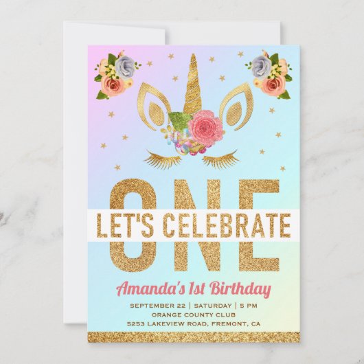 Invitation Parties scintillant d'or magique Unicorn 1er anniv (Devant)