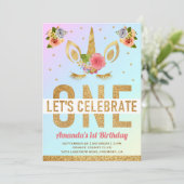 Invitation Parties scintillant d'or magique Unicorn 1er anniv (Debout devant)