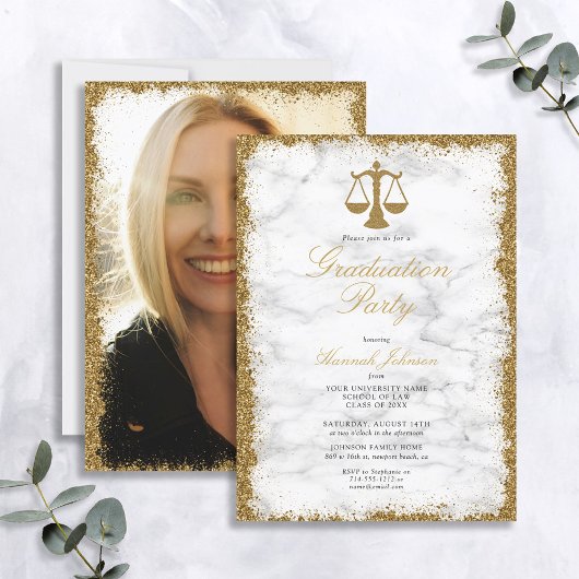Invitation Parties scintillant d'or Marble Law School Graduat