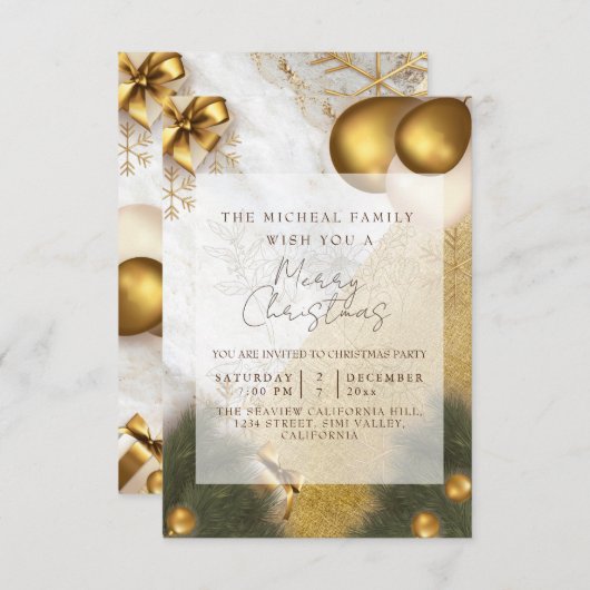 Invitation Parties scintillant d'or marbré Année et Noël Célé (Devant / Derrière)