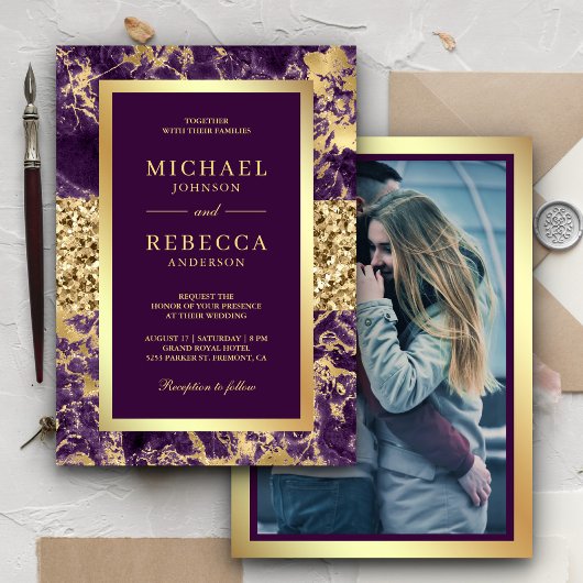 Invitation Parties scintillant d'or Marbre violet Mariage pho