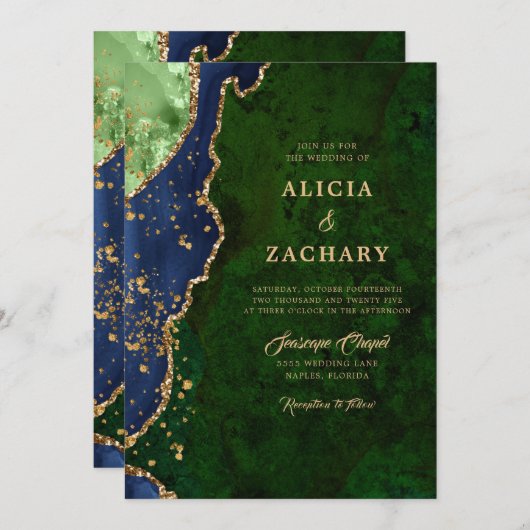 Invitation Parties scintillant d'or Mariage d'âge bleu vert (Devant / Derrière)