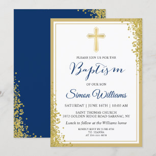 Invitation Parties scintillant d'or Marine Blue Boy Baptême I