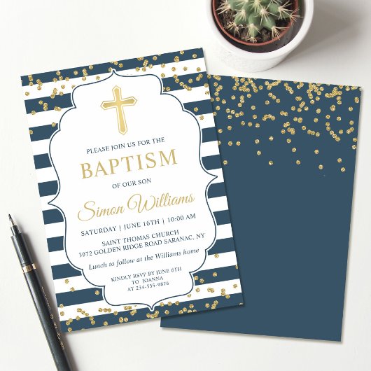 Invitation Parties scintillant d'or Marine Blue Boy Baptême I
