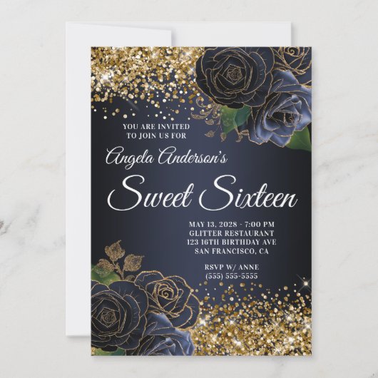 Invitation Parties scintillant d'or Marine Blue Floral Glam S (Devant)