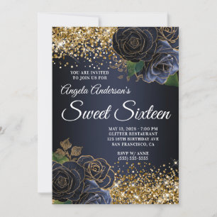 Invitation Parties scintillant d'or Marine Blue Floral Glam S