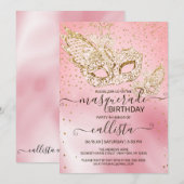 Invitation Parties scintillant d'or Mascarade de soie rose An (Devant / Derrière)