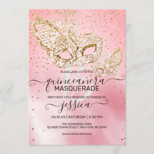 Invitation Parties scintillant d'or Mascarade en soie rose Qu