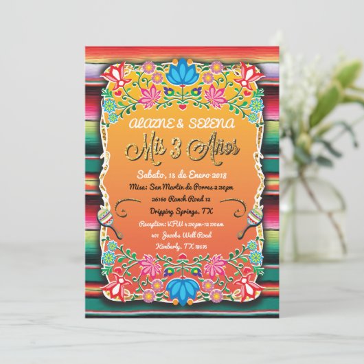 Invitation Parties scintillant d'or Mis 3 Anos Party (Debout devant)