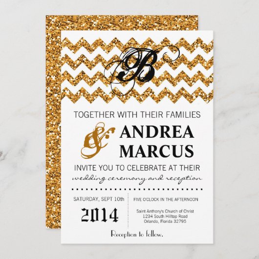 Invitation Parties scintillant d'or moderne Chevron Faire-par (Devant / Derrière)