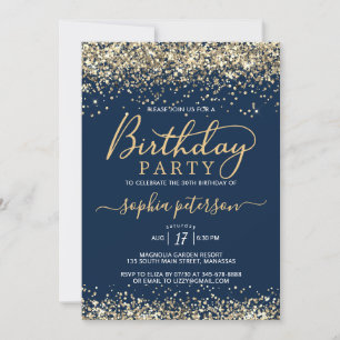 Invitation Parties scintillant d'or moderne et bleu marine N'