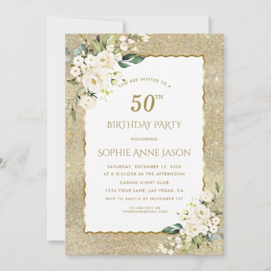 Invitation Parties scintillant d'or moderne Fleurs blanches 5 (Devant)