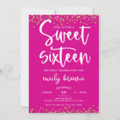 Invitation Parties scintillant d'or moderne Hot rose Sweet 16 (Devant)