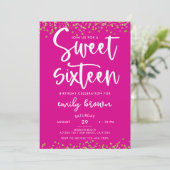 Invitation Parties scintillant d'or moderne Hot rose Sweet 16 (Debout devant)