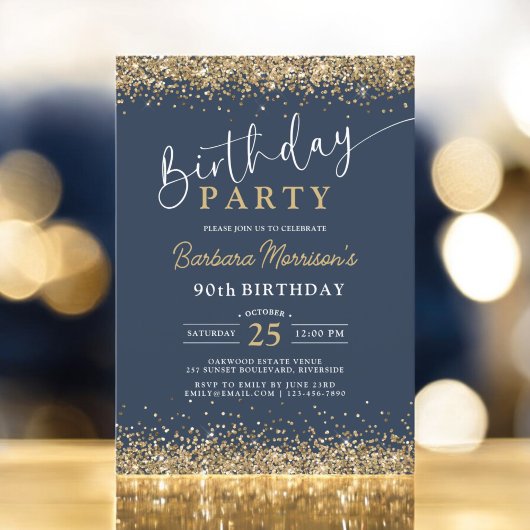 Invitation Parties scintillant d'or moderne Marine Bleu Anniv