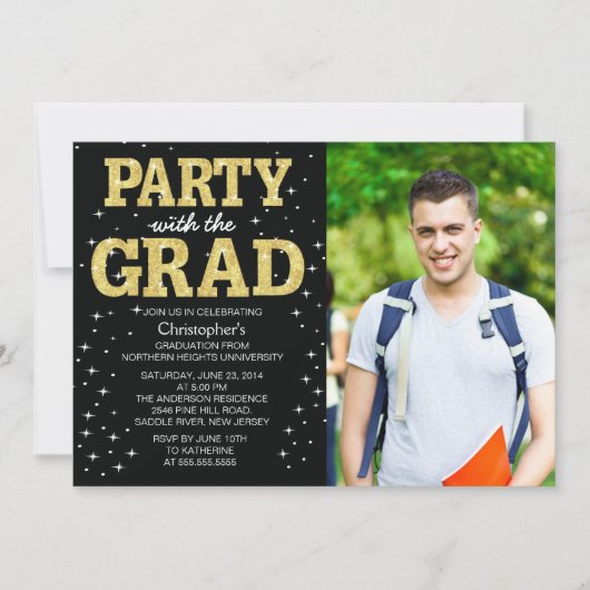 Invitation Parties scintillant d'or moderne Photo Graduation (Devant)