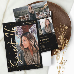 Invitation Parties scintillant d'or moderne script noir 4 pho