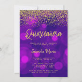 Invitation Parties scintillant d'or moderne violet Bokeh Quin (Devant)