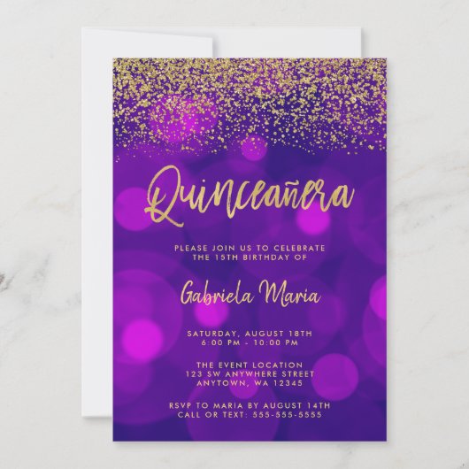 Invitation Parties scintillant d'or moderne violet Bokeh Quin (Devant)