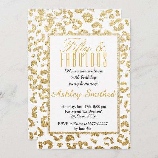 Invitation parties scintillant d'or motif léopard moderne fab (Devant / Derrière)