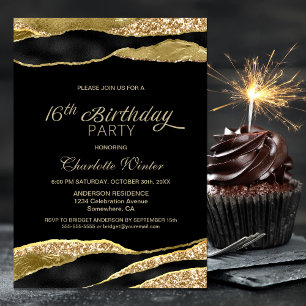 Invitation Parties scintillant d'or noir 16ème anniversaire