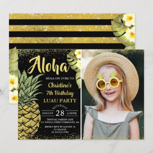 Invitation Parties scintillant d'or noir ananas Floral photo