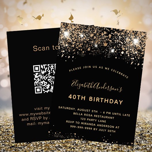 Invitation Parties scintillant d'or noir Anniversaire Code QR