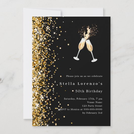 Invitation Parties scintillant d'or noir applaudit anniversai (Devant)