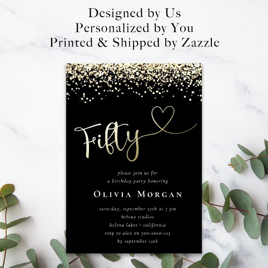 Invitation Parties scintillant d'or noir Cinquante Script 50e