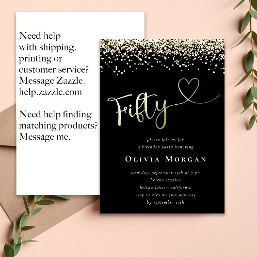 Invitation Parties scintillant d'or noir Cinquante Script 50e