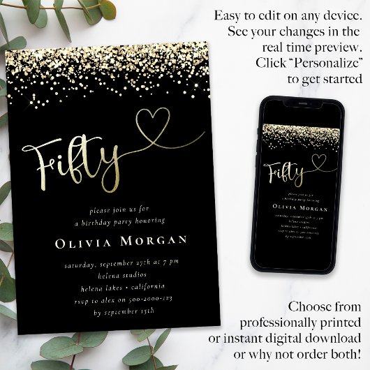 Invitation Parties scintillant d'or noir Cinquante Script 50e