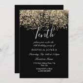 Invitation Parties scintillant d'or noir Confetti 10e anniver (Devant / Derrière)