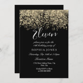 Invitation Parties scintillant d'or noir Confetti 11e anniver (Devant / Derrière)