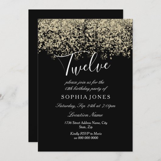 Invitation Parties scintillant d'or noir Confetti 12ème anniv (Devant / Derrière)