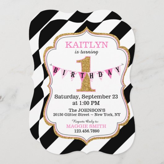 Invitation Parties scintillant d'or noir et blanc en bande d' (Devant / Derrière)
