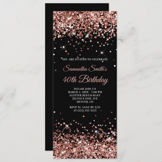 Invitation Parties scintillant d'or noir et Rose 40e annivers (Devant / Derrière)