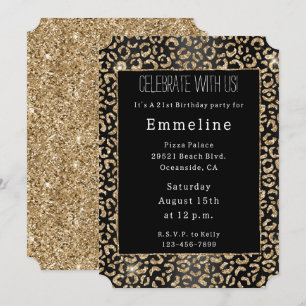Invitation Parties scintillant d'or noir Leopard