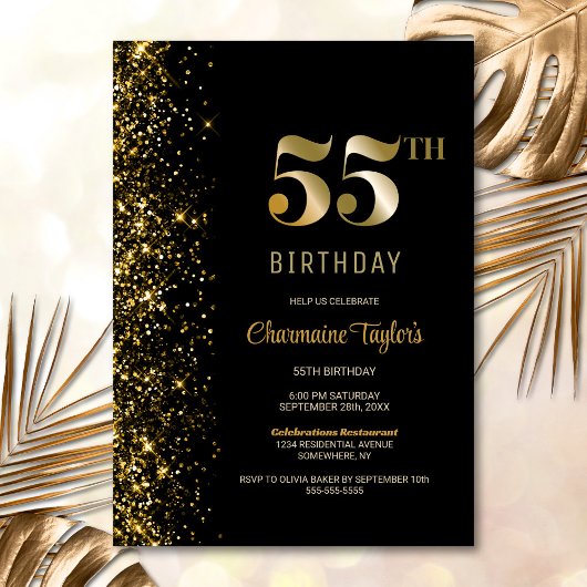 Invitation Parties scintillant d'or noir moderne 55e annivers