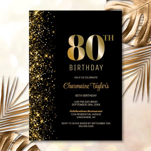 Invitation Parties scintillant d'or noir moderne 80e annivers