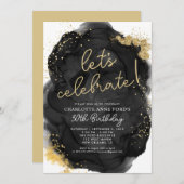 Invitation Parties scintillant d'or noir moderne alcool encre (Devant / Derrière)