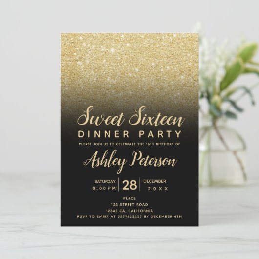Invitation Parties scintillant d'or noir ombre typographie Sw (Debout devant)