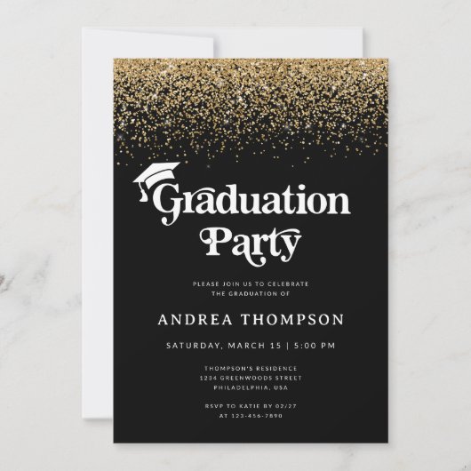 Invitation Parties scintillant d'or noir Retro Graduation Par (Devant)