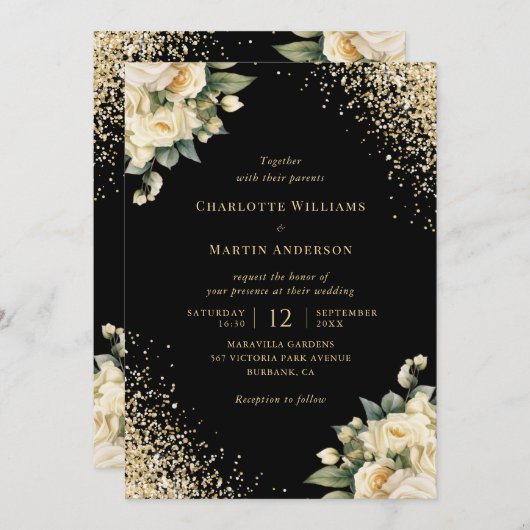 Invitation Parties scintillant d'or noir Roses d'ivoire Maria (Devant / Derrière)