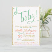 Invitation Parties scintillant d'or Oh Baby shower Coral Mint (Debout devant)