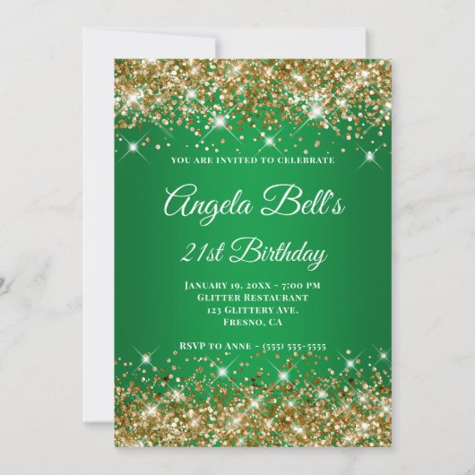 Invitation Parties scintillant d'or Ombre vert Monogramme 21e (Devant)