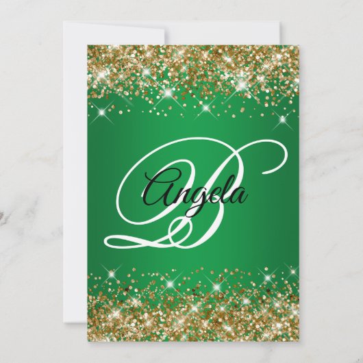 Invitation Parties scintillant d'or Ombre vert Monogramme 21e (Dos)
